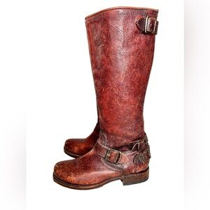 Frye Veronica Brown Antiquet Leather Back Zip Cignac Buckle Tall Boots Size 6